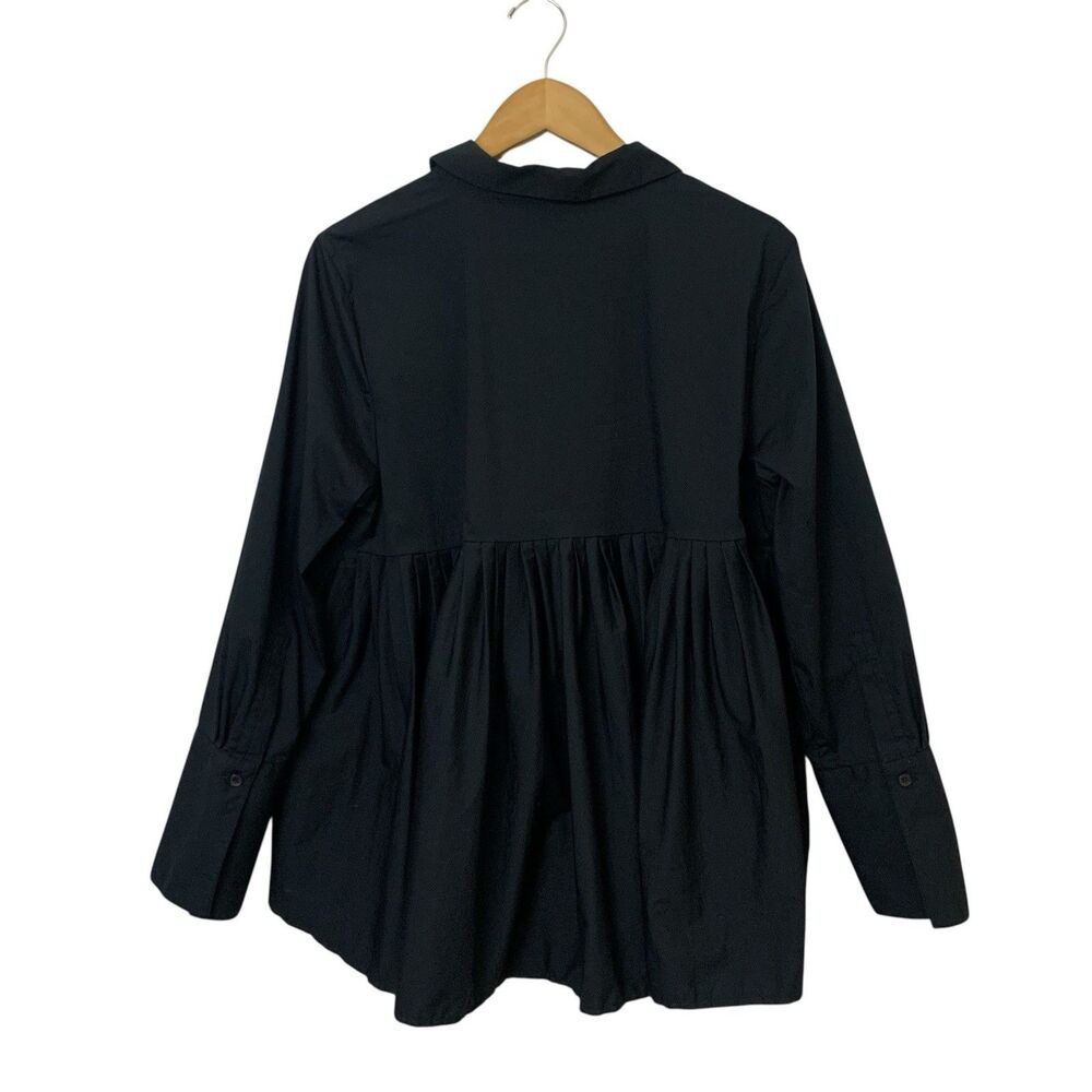 Soft Surroundings Button Front Shirt Pleated Back Size L Black Collared Stretch